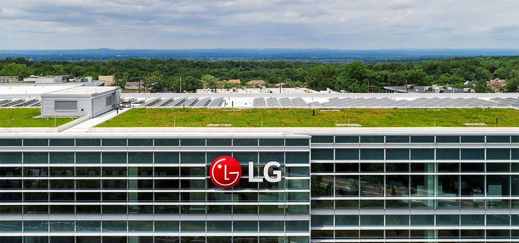 front view of LG north american headquarters with solar panels