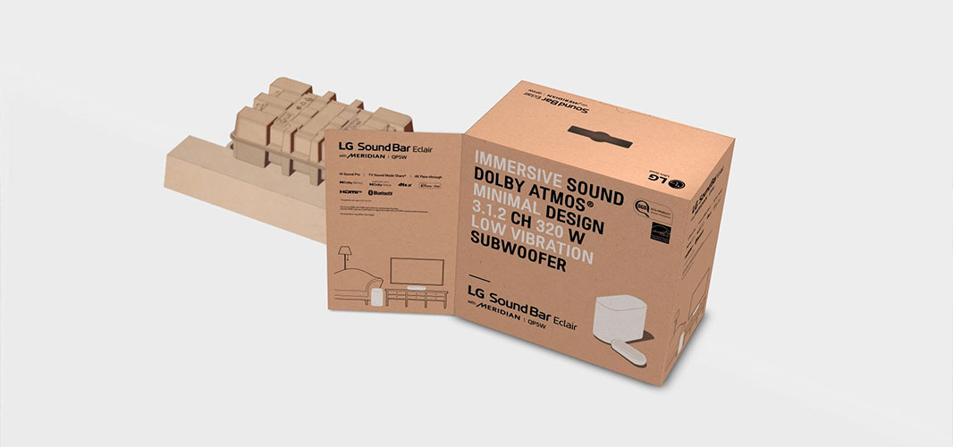 image of LG soundbar package made from recycled pulp