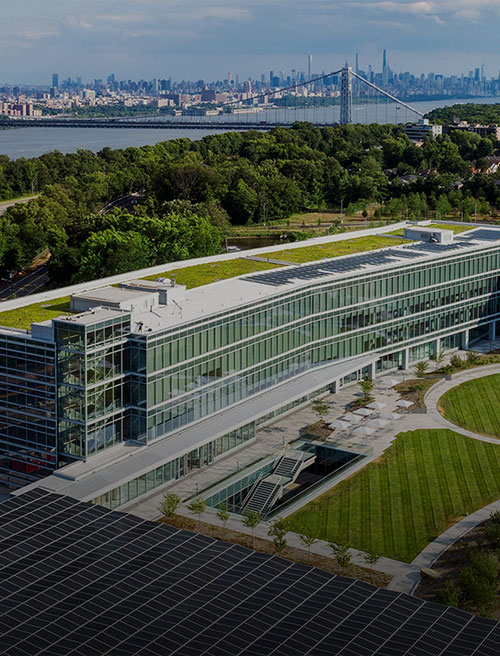 quarter view of LG north american headquarters with solar panels